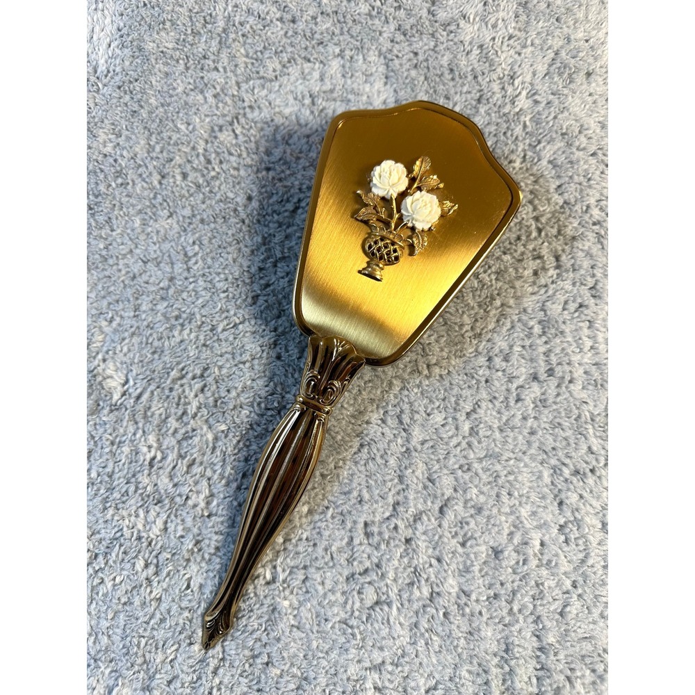 10" Gold Tone Vanity Hairbrush Rose Bouquet metal with removable bristles USA